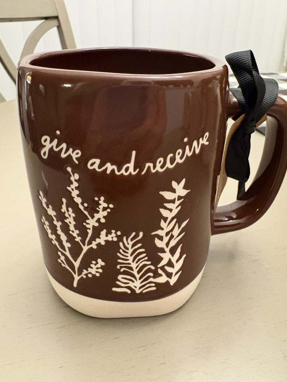 Rae Dunn Give and Receive Brown Ceramic Mug